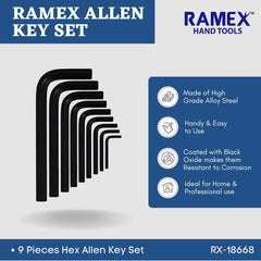 RAMEX Allen Key Set, Allen Key Set Tools Kit, 9pc Hex Allen Key Set In Plastic Box Packet Size Allen Key Set Allen Keys
