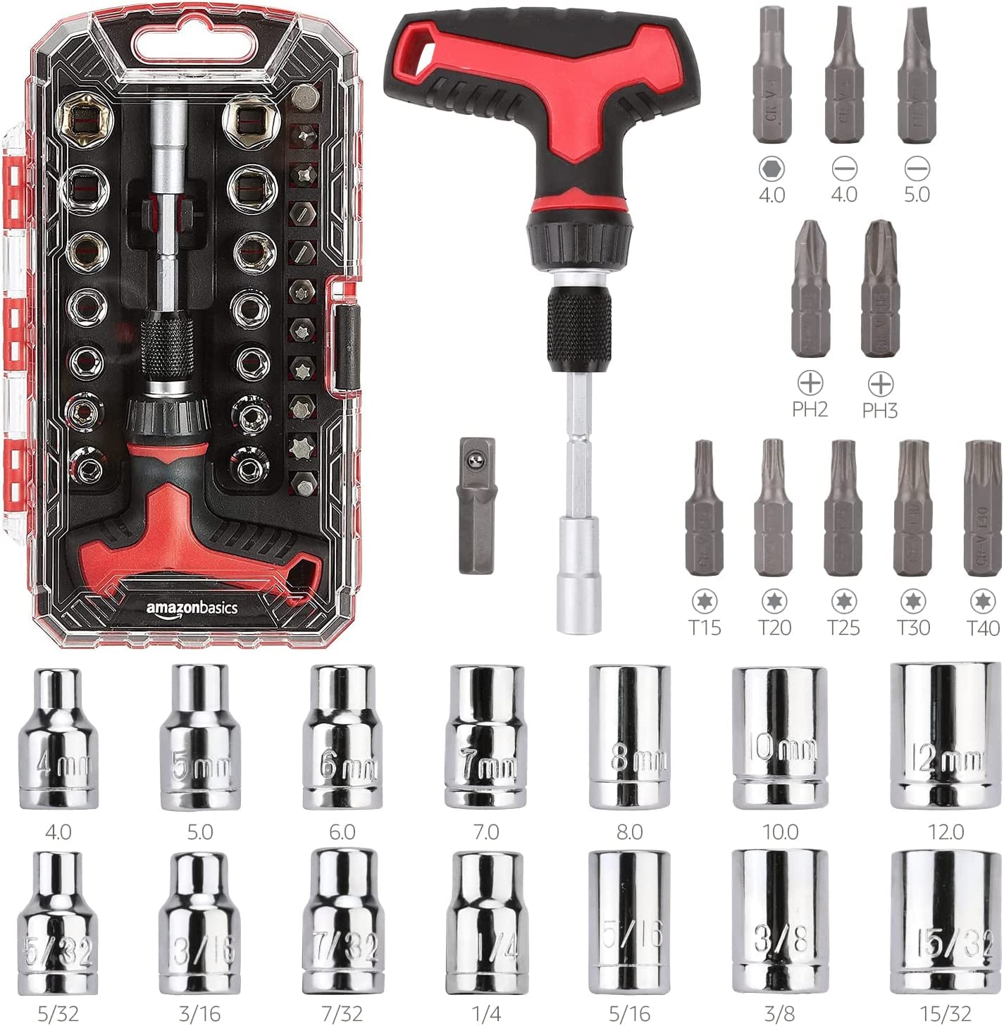 amazon basics 73-Piece Magnetic Ratchet Wrench and Screwdriver Set, 8 x 4.6 x 1.3 inch