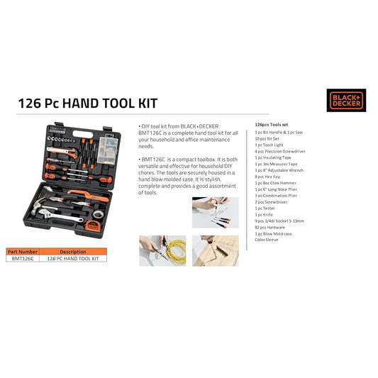 BLACK+DECKER BMT126C Hand Tool Kit for Home & DIY Use (126-Piece) - Includes Screwdriver, Wrench, Ratchet, Utility Knife, Saw, Claw Hammer, Measuring Tape and Plier, 6 Month Warranty, ORANGE & BLACK