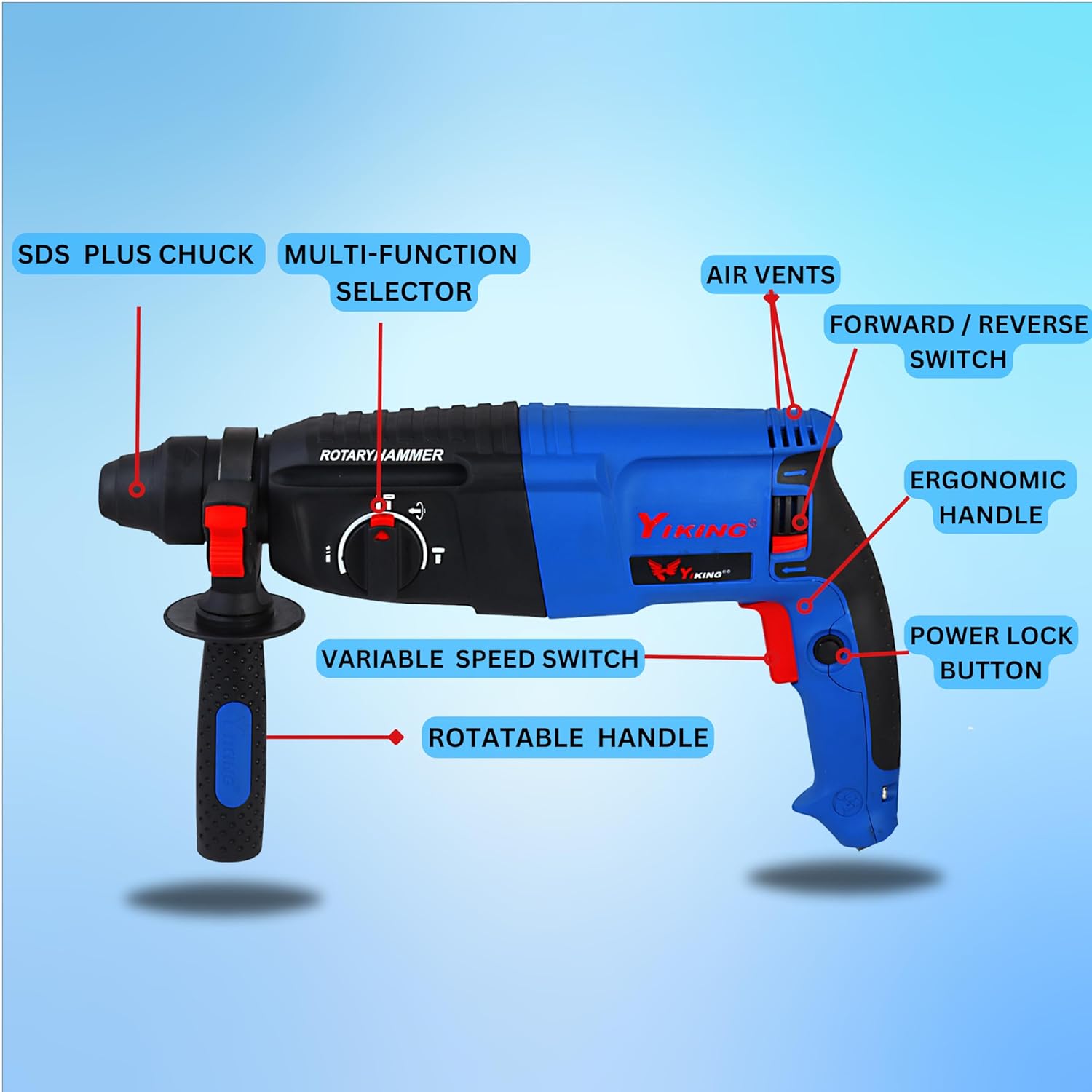 KHADIJA YIKING 1200WATTS 26mm Reversible Rotary Hammer Drill SDS Plus with 3 Modes 3 Hammers Bits 2 Chisels (BLUE)