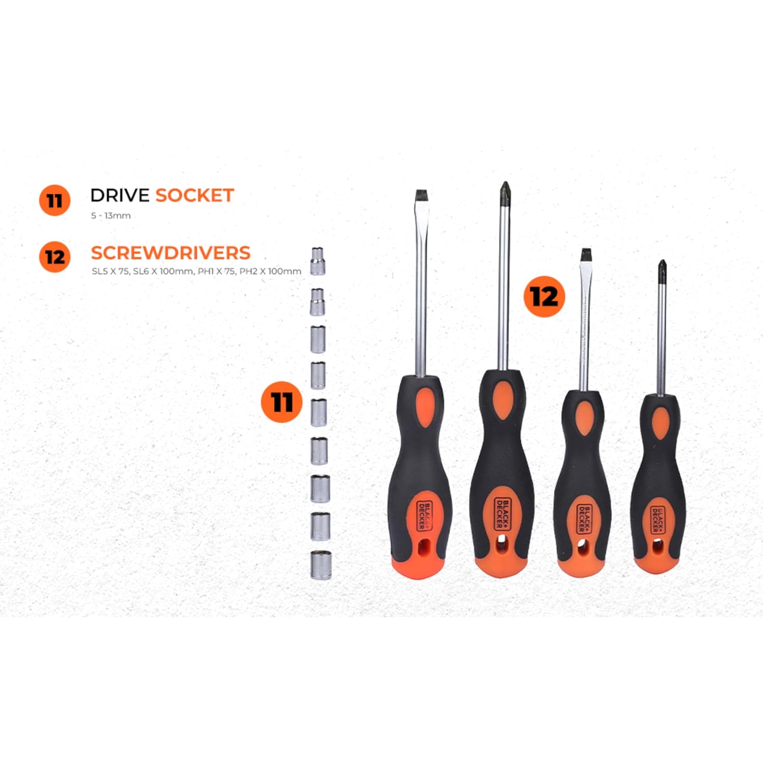 BLACK+DECKER BMT126C Hand Tool Kit for Home & DIY Use (126-Piece) - Includes Screwdriver, Wrench, Ratchet, Utility Knife, Saw, Claw Hammer, Measuring Tape and Plier, 6 Month Warranty, ORANGE & BLACK