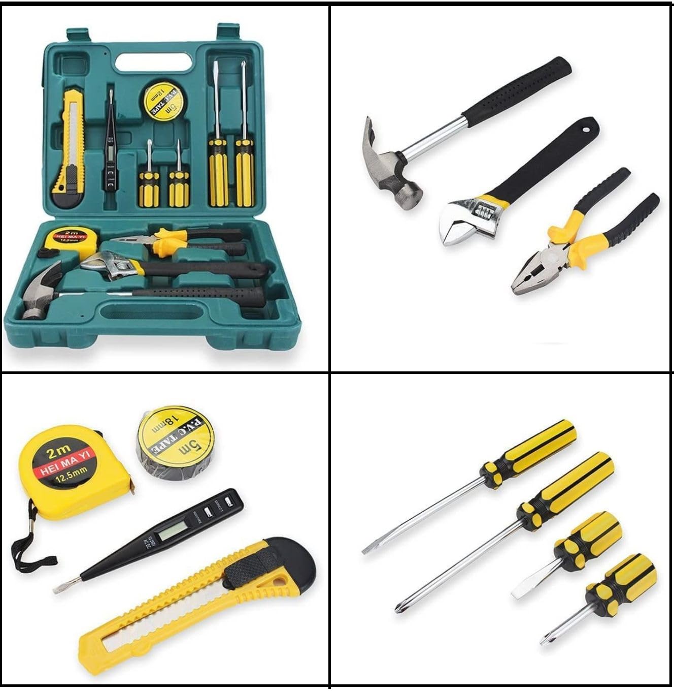 12 in 1 Electrical Repair Home Hand Tool Kit Set With Screwdriver, Hammer, Measuring Tape, Wrenches, Cutter & Pliers All Accessories Hardware Tool box Mechanical Garage Tool Storage kit Emergency Uses