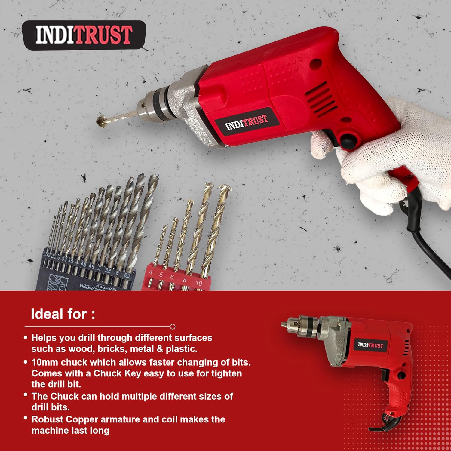 Inditrust New 10MM Drill Machine with 10+10 Screw Gitti 13pc hss 5pc Masonry 3pc Ph2 bit 65mm Power & Hand Tool Kit with 6 MONTHS WARRANTY 100% Copper Winding