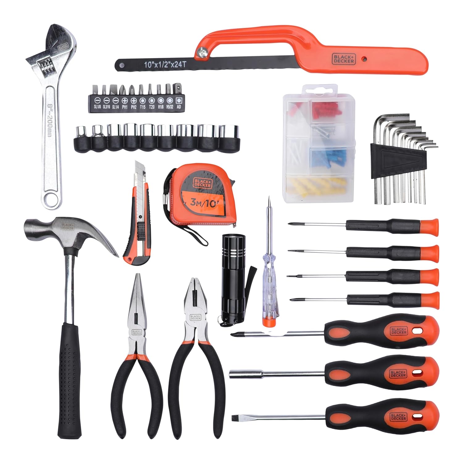 BLACK+DECKER BMT126C Hand Tool Kit for Home & DIY Use (126-Piece) - Includes Screwdriver, Wrench, Ratchet, Utility Knife, Saw, Claw Hammer, Measuring Tape and Plier, 6 Month Warranty, ORANGE & BLACK